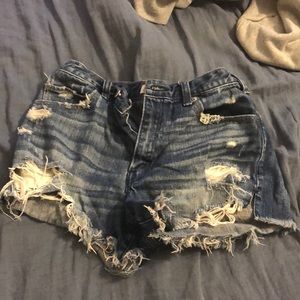 AEO blue distressed mid rise loose fit jean shorts